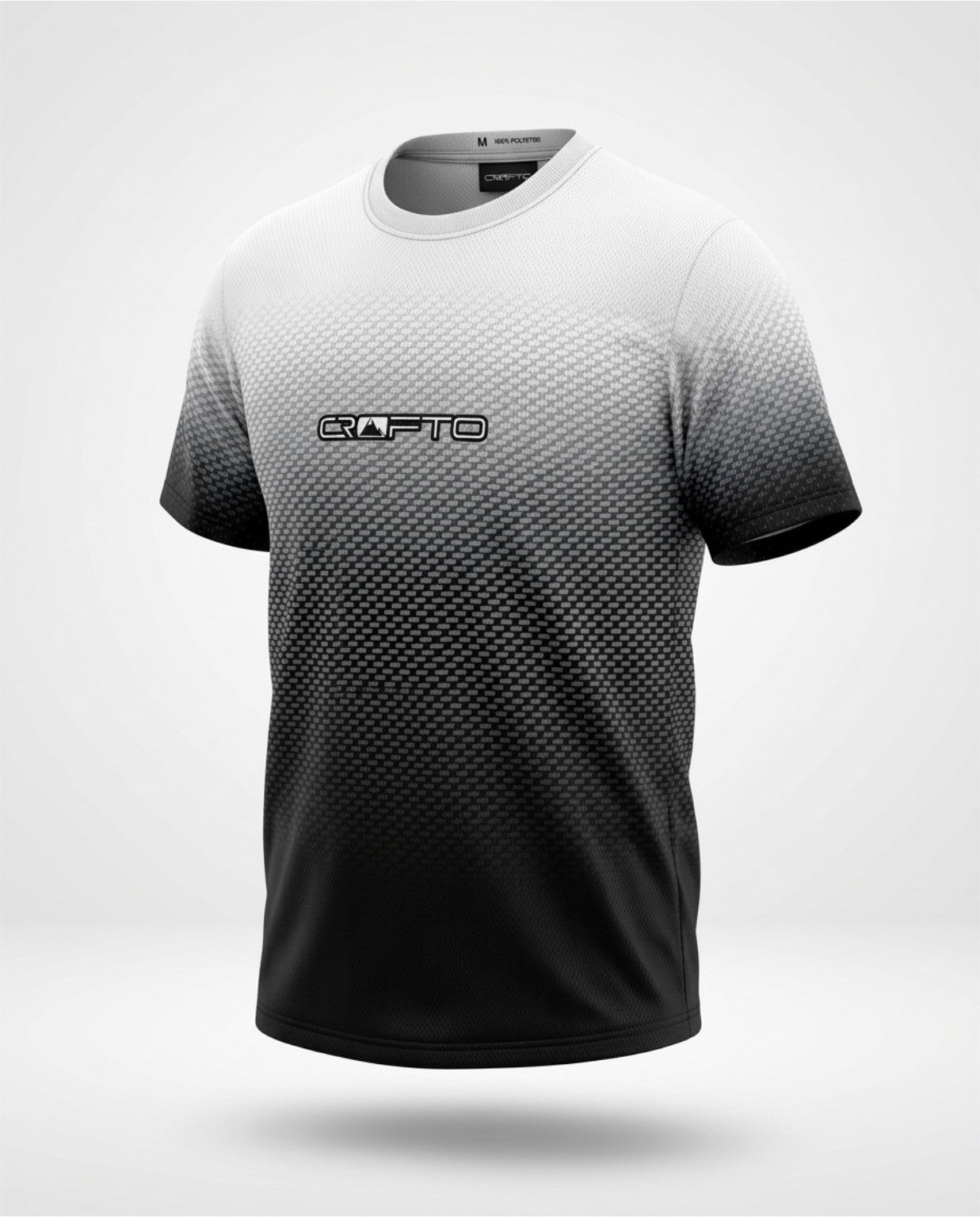 A short-sleeve crewneck MTB shirt with a black and white gradient pattern, featuring a textured geometric design and the brand name CROFTO printed on the chest.