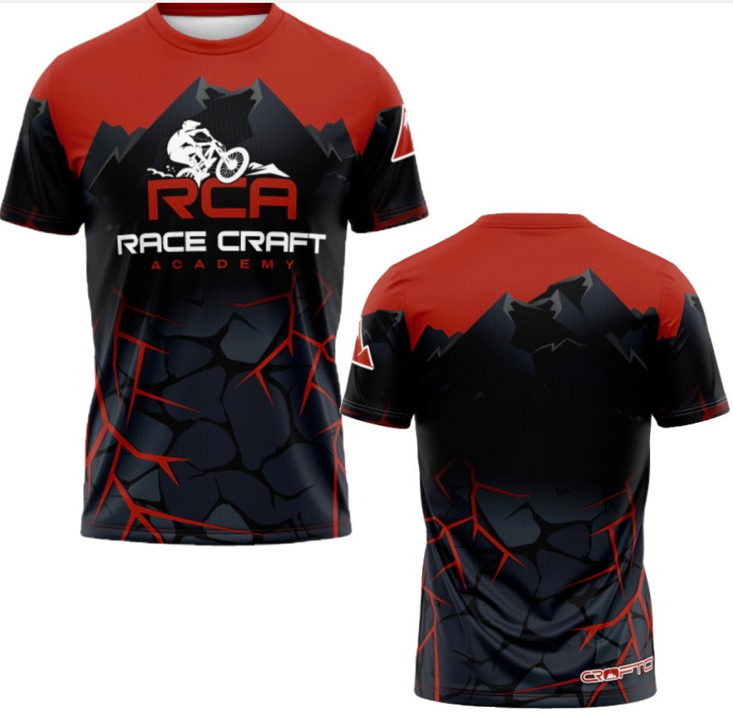 Race Craft Academy custom MTB jersey designed by Crofto showing front and back views