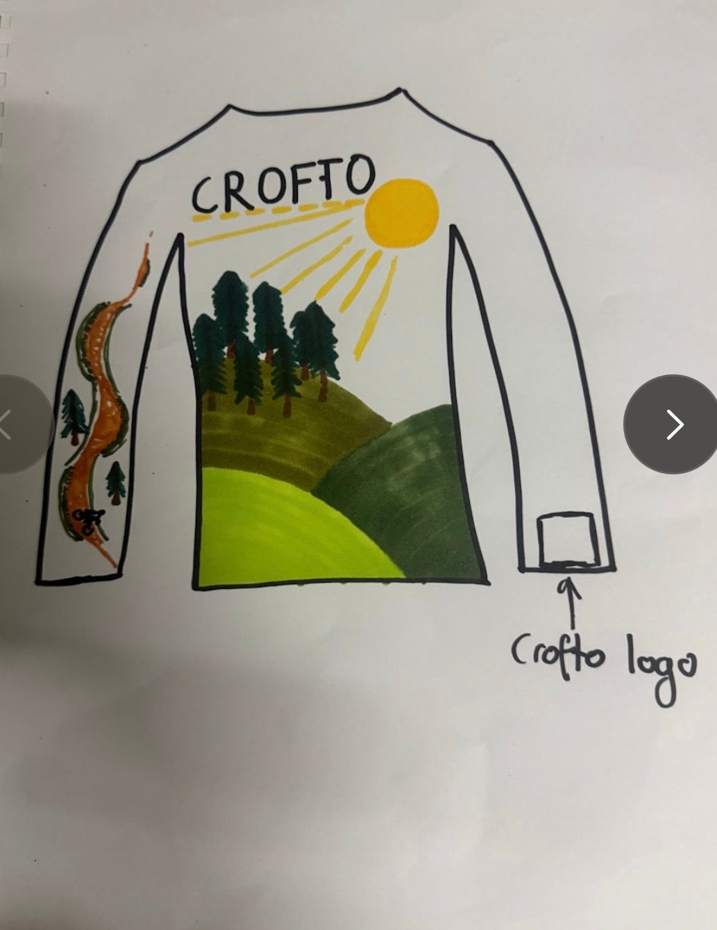 Illustration of a shirt with nature design and 'CROFTO' branding on a plain background
