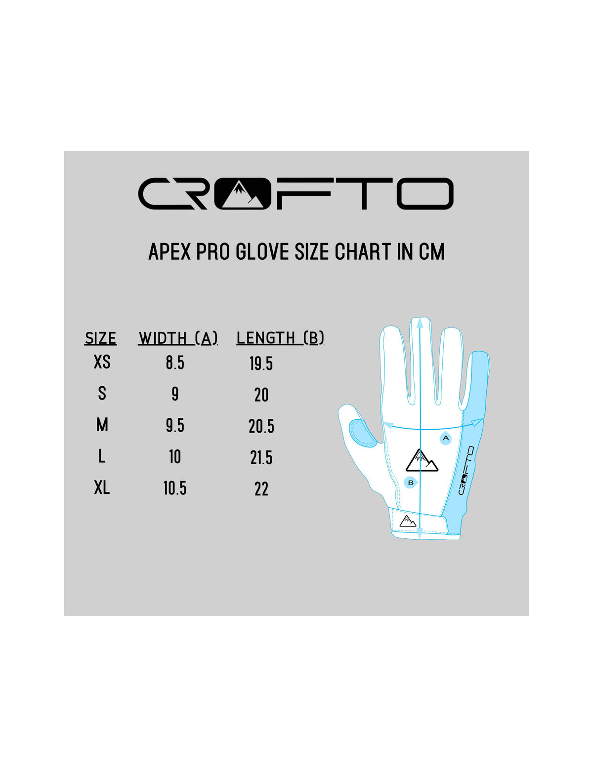Crofto Apex Pro Glove size chart with measurements on a gray background