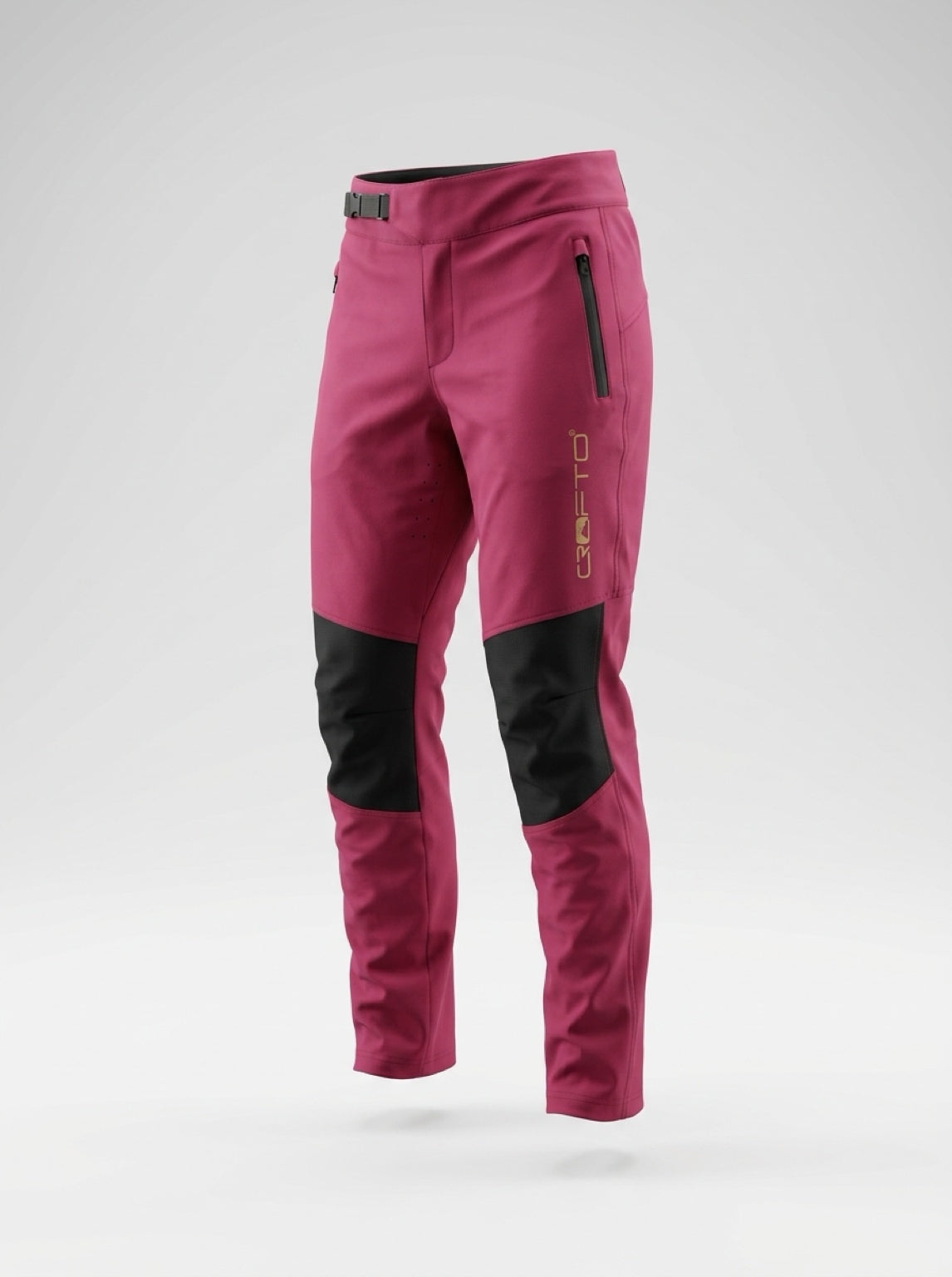 Front view of CROFTO Amaroo Lite MTB Pants in maroon, lightweight mountain bike pants with black stretch knee panels, zip pocket, adjustable waistband and tapered trail-riding fit.