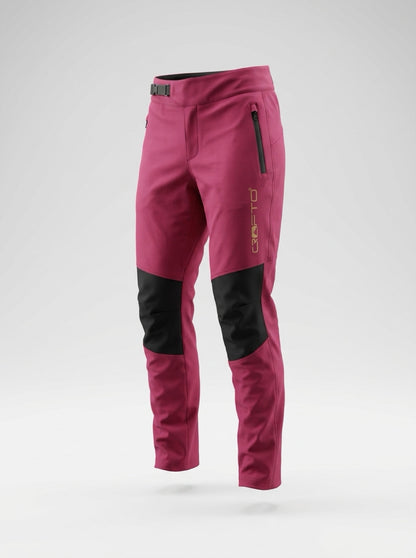 Front view of CROFTO Amaroo Lite MTB Pants in maroon, lightweight mountain bike pants with black stretch knee panels, zip pocket, adjustable waistband and tapered trail-riding fit.
