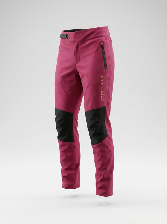 Front view of CROFTO Amaroo Lite MTB Pants in maroon, lightweight mountain bike pants with black stretch knee panels, zip pocket, adjustable waistband and tapered trail-riding fit.