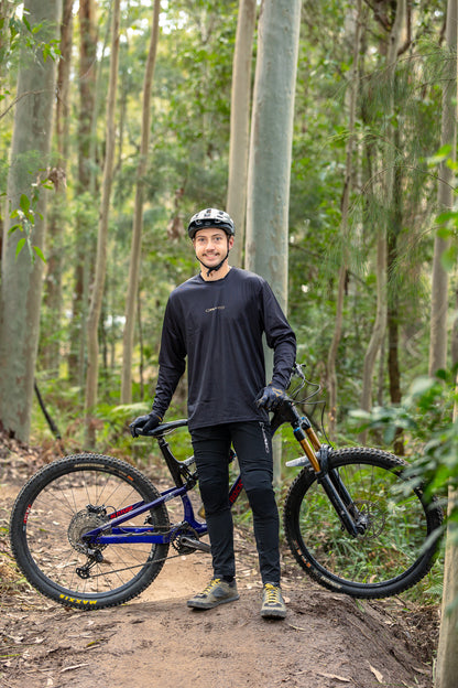Lightweight long sleeve mountain bike jersey designed for comfort, breathability and freedom of movement on the trails.