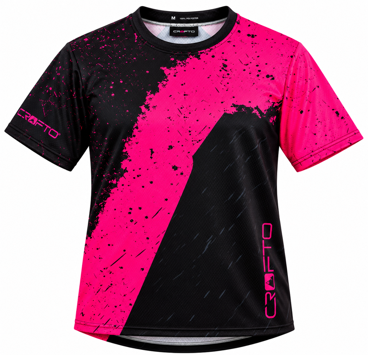 CROFTO Havoc MTB Jersey featuring a black and pink splatter design with lightweight breathable mountain bike fabric.