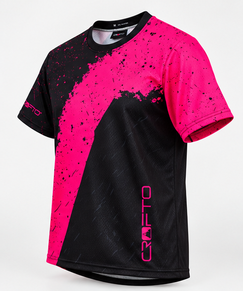 CROFTO Havoc MTB Jersey side view featuring a black and pink splatter design with lightweight breathable MTB fabric.