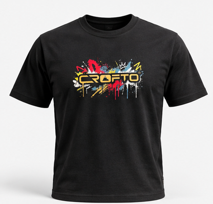 CROFTO Paintstorm Tee black front view with colourful paint splatter logo graphic and mountain bike inspired design