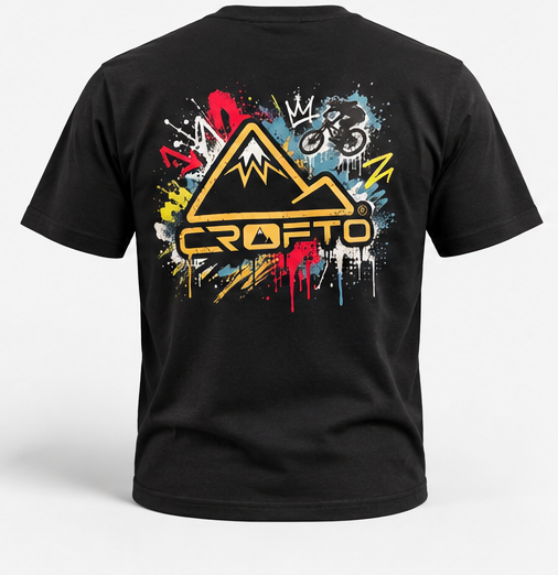 CROFTO Paintstorm Tee black rear view featuring large paint splatter mountain graphic and MTB lifestyle artwork