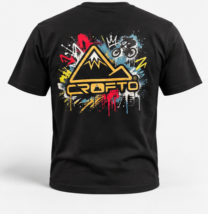 CROFTO Paintstorm Tee black rear view featuring large paint splatter mountain graphic and MTB lifestyle artwork
