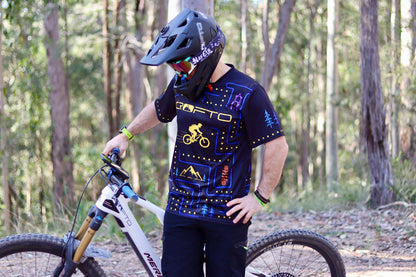 Front view of the CROFTO Trail Maze mountain bike jersey featuring retro gaming maze graphics and mountain bike themed artwork.