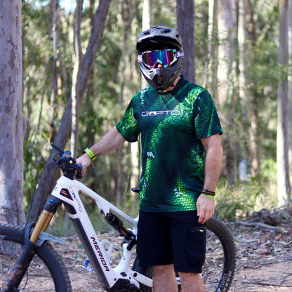 CROFTO Viper mountain bike jersey in green scale print, lightweight MTB riding jersey for trail, enduro and all-mountain riding.