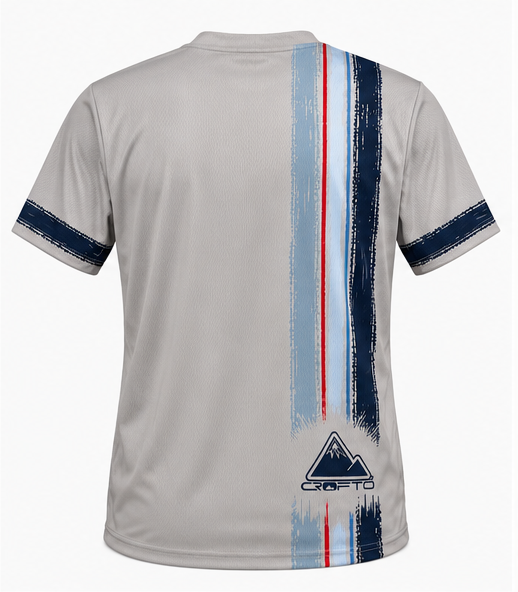 Rear view of CROFTO Trackline MTB Jersey with vertical track-inspired graphics and mountain logo detail designed for trail and enduro riding.