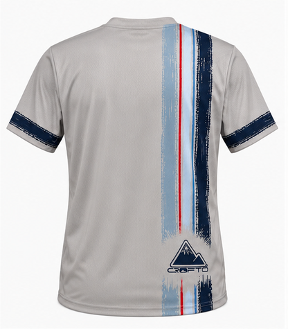 Rear view of CROFTO Trackline MTB Jersey with vertical track-inspired graphics and mountain logo detail designed for trail and enduro riding.