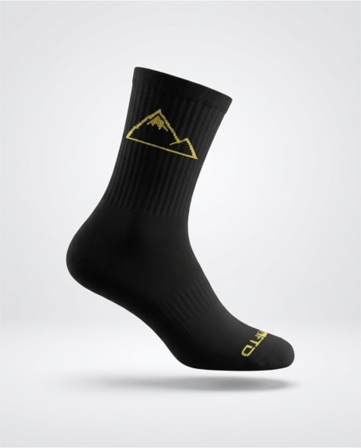 Side view of Black Crofto MTB sock with gold mountain logo.
