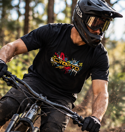 Rider wearing CROFTO Paintstorm Tee black front logo mountain bike apparel