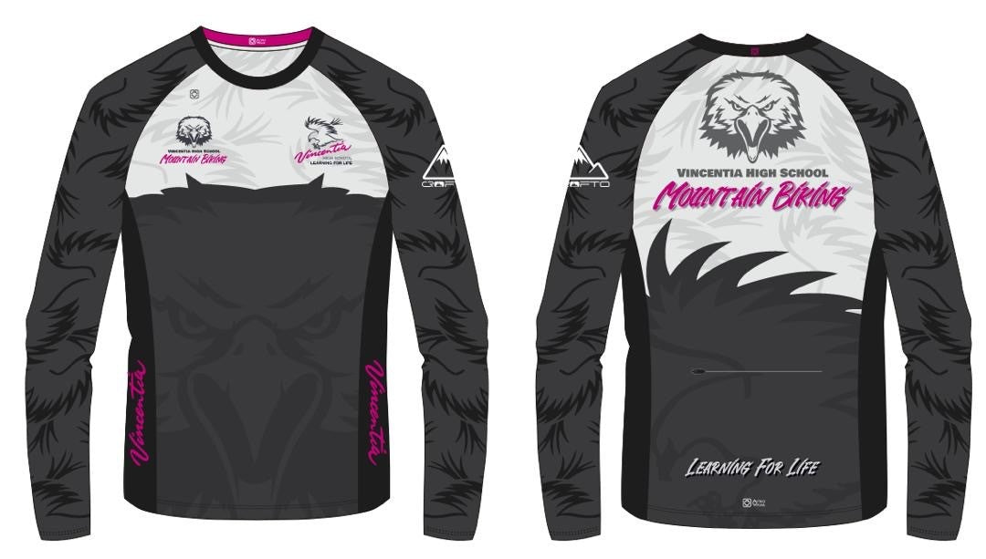 Black and white long sleeve MTB race jersey for Vincentia High school Mountain bike team. Made by CRFTO