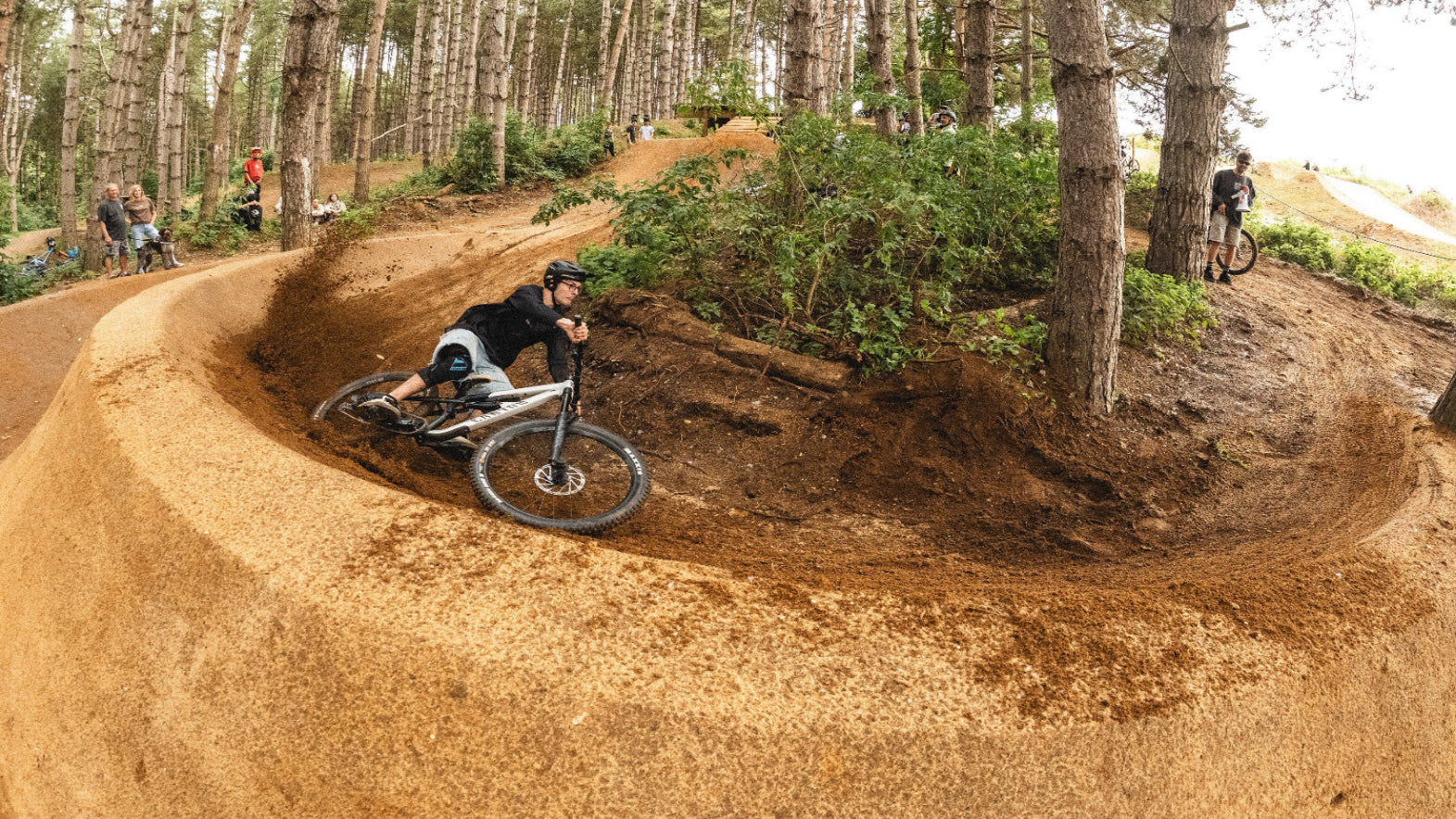 A mountain biker navigates a sharp berm on a dirt jump track surrounded by tall pine trees and greenery.
