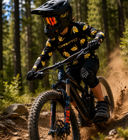 Child riding a mountain bike on a dirt trail in a forest wearing CROFTO Go Bananas long sleeve mtb jersey
