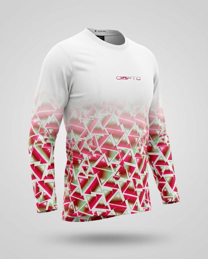 A long-sleeve CROFTO Mont Blanc MTB jersey with a white upper body fading into a red, pink, and green geometric mountain pattern on the sleeves and lower torso, featuring a small red 'CROFTO' logo on the chest.