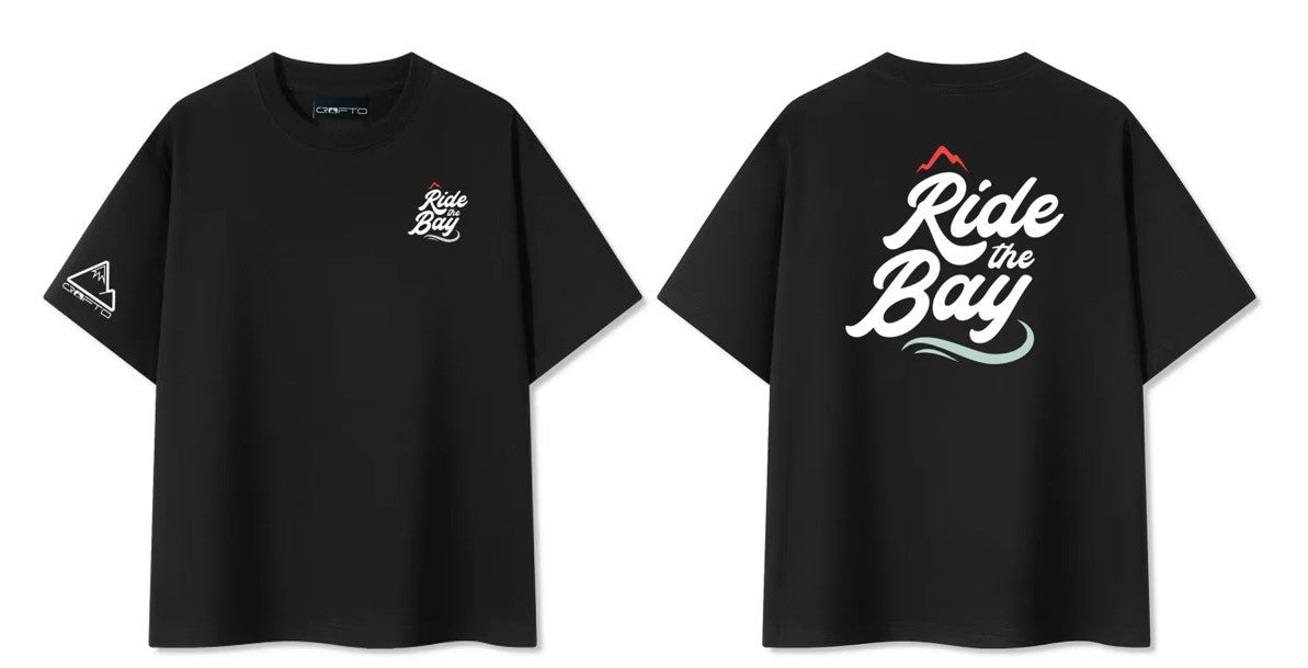 Crofto Ride the Bay custom black t-shirt showing front and back print design