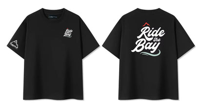 Crofto Ride the Bay custom black t-shirt showing front and back print design
