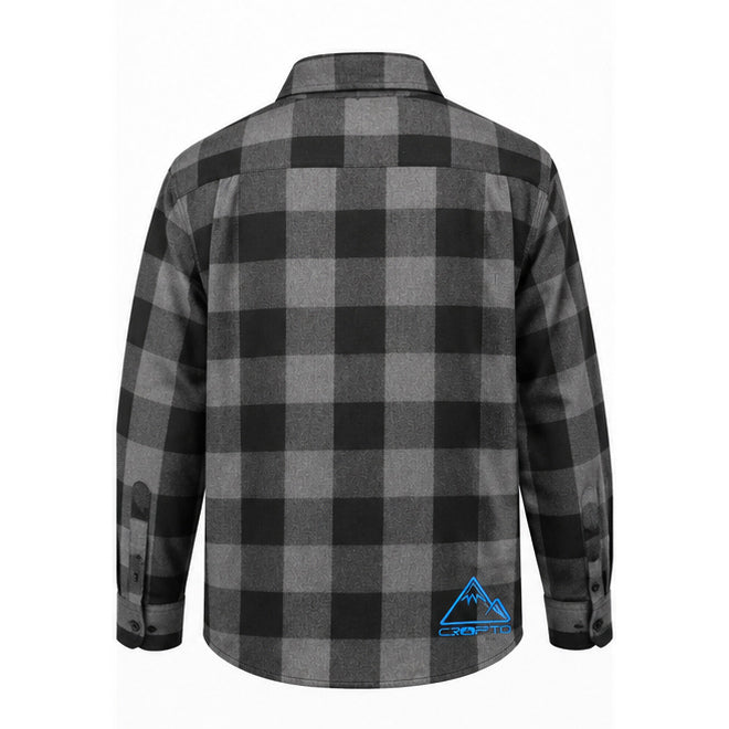 Rear view of the CROFTO Ridgeline cotton check shirt featuring the mountain graphic on the back.