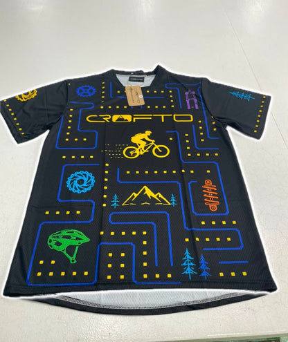 CROFTO Trail Maze black short sleeve MTB jersey with colourful mountain bike graphics