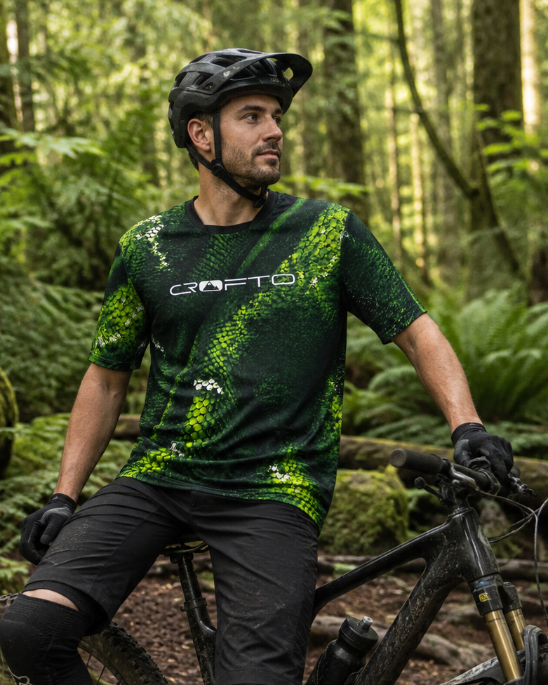 Mountain biker wearing the CROFTO Viper green snakeskin MTB jersey