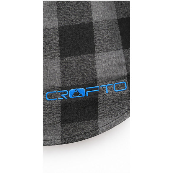 close up of front crofto logo on ridgeline check shirt