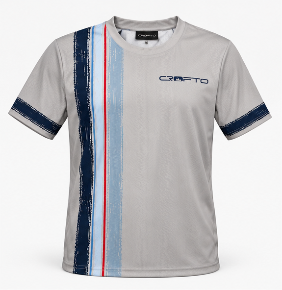 CROFTO Trackline MTB Jersey featuring navy, blue and red vertical brush-stroke graphics on a lightweight white mountain bike jersey.