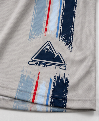 Close-up rear graphic detail of the CROFTO Trackline MTB Jersey featuring flowing brush-stroke artwork and Crofto mountain logo.